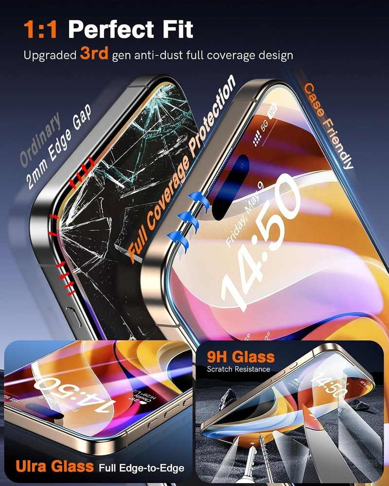 2 Pack for iPhone 17 / 16 Pro Screen Protector Tempered Glass, Military Grade