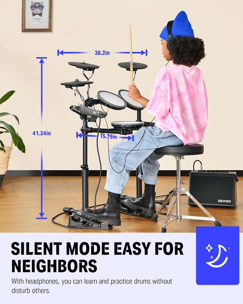 🥁 Donner DED-70 Electronic Drum Set Quiet Mesh Pads Electric Drum Kit + Throne