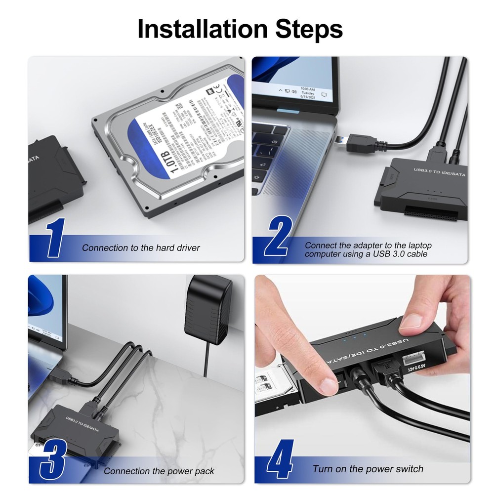 Hard Drive Reader USB 3.0 & Type C to SATA IDE Adapter, Internal Data Black
