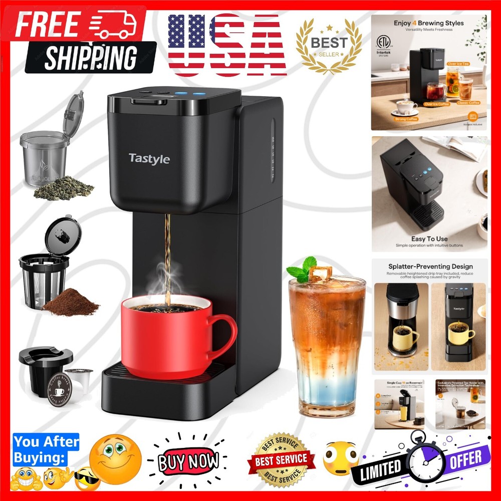 Versatile Coffee Maker for K-Cups and Tea - Compact, Splash-proof, 4 Brew Styles