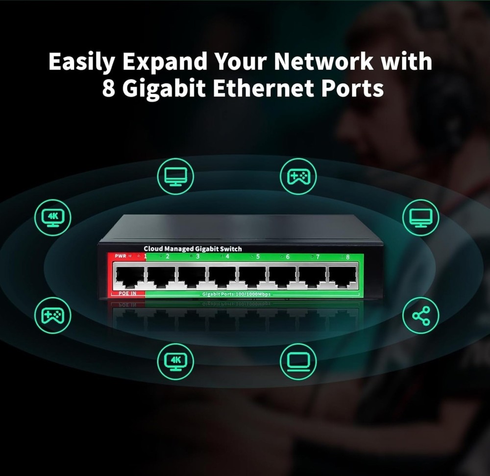 Steamemo 8 Port Gigabit P/wall Mount Plug & Play