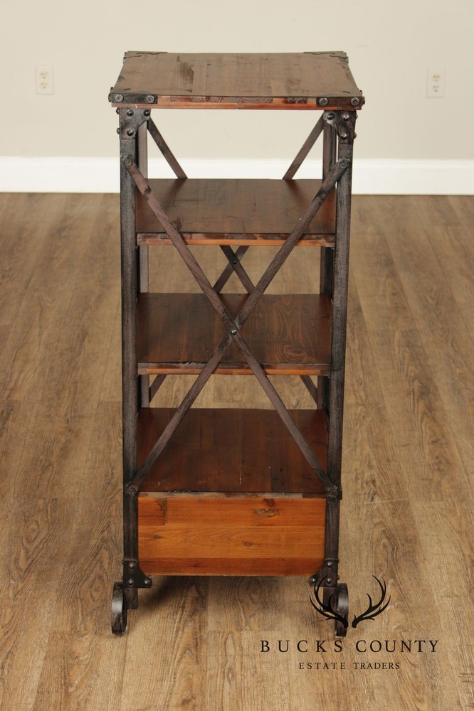 Industrial Rustic Pine And Iron Rolling Shelf With Drawer