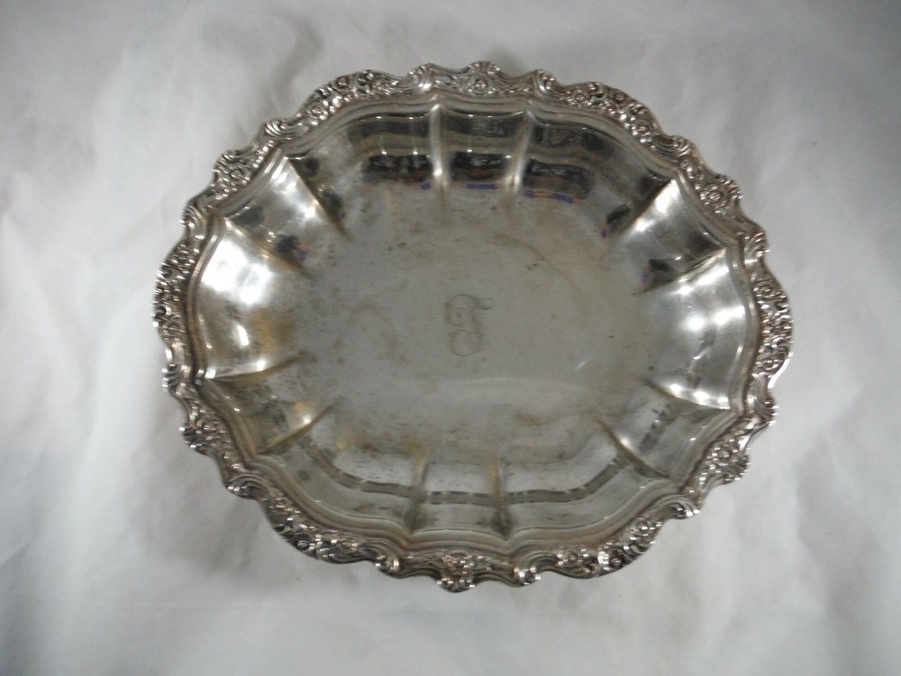 Decorative Serving Bowl Oval Silver Plated Scrolls and Flowers Monogram