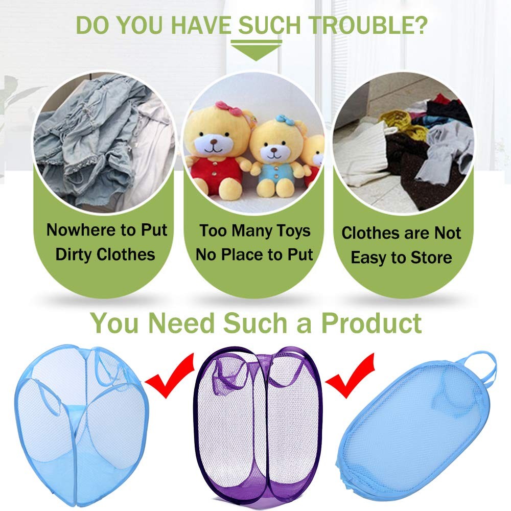 2 Pack Foldable Pop-Up Mesh Laundry Hamper, Side Pocket, Carry Handles, Basket