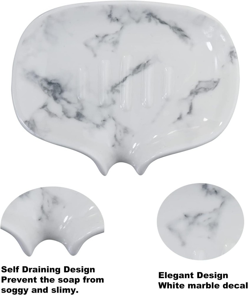 White Marble Texture Soap Dish Ceramic Holder Self Draining