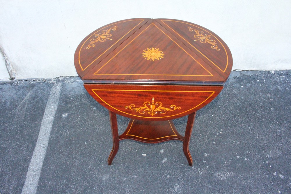 Spectacular Inlaid Triangular Drop Leaf Side End Accent Occasional Table