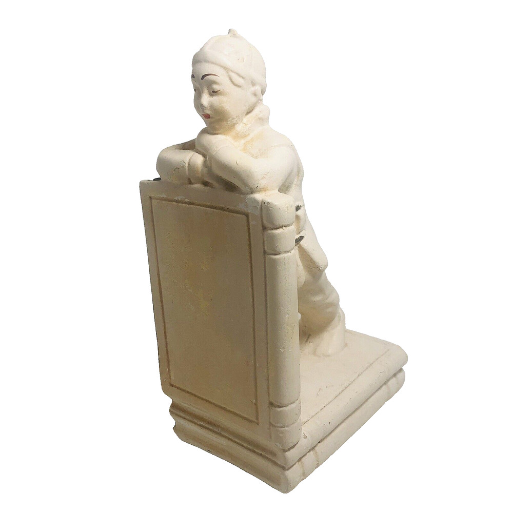 Vintage Chalkware Bookend MCM Chinese Boy Kneeling Plaster 9"
