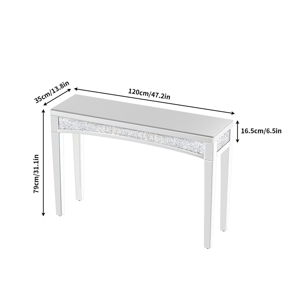 Modern Console Table Mirrored Finished Glam Silver Entryway Table Crystals Inlay