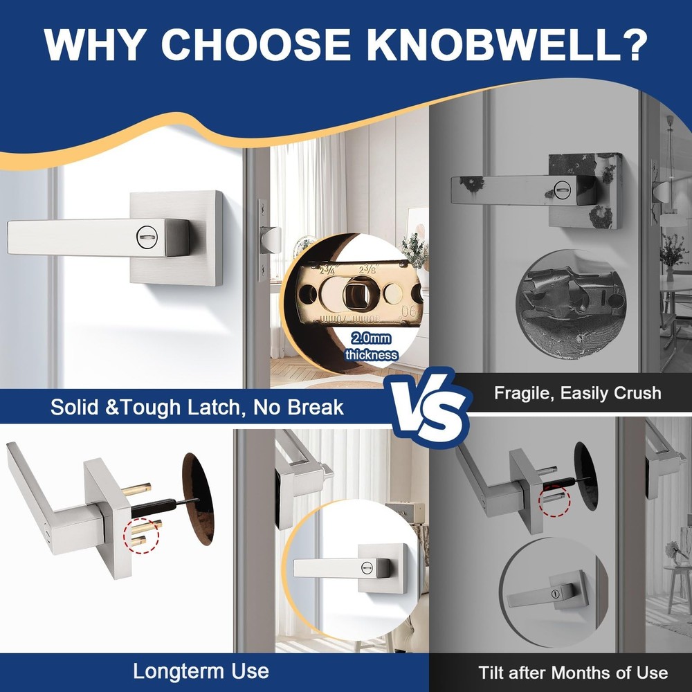 KNOBWELL 2 Pack Modern Square Door Handle Brushed 2 Pack, Nickel