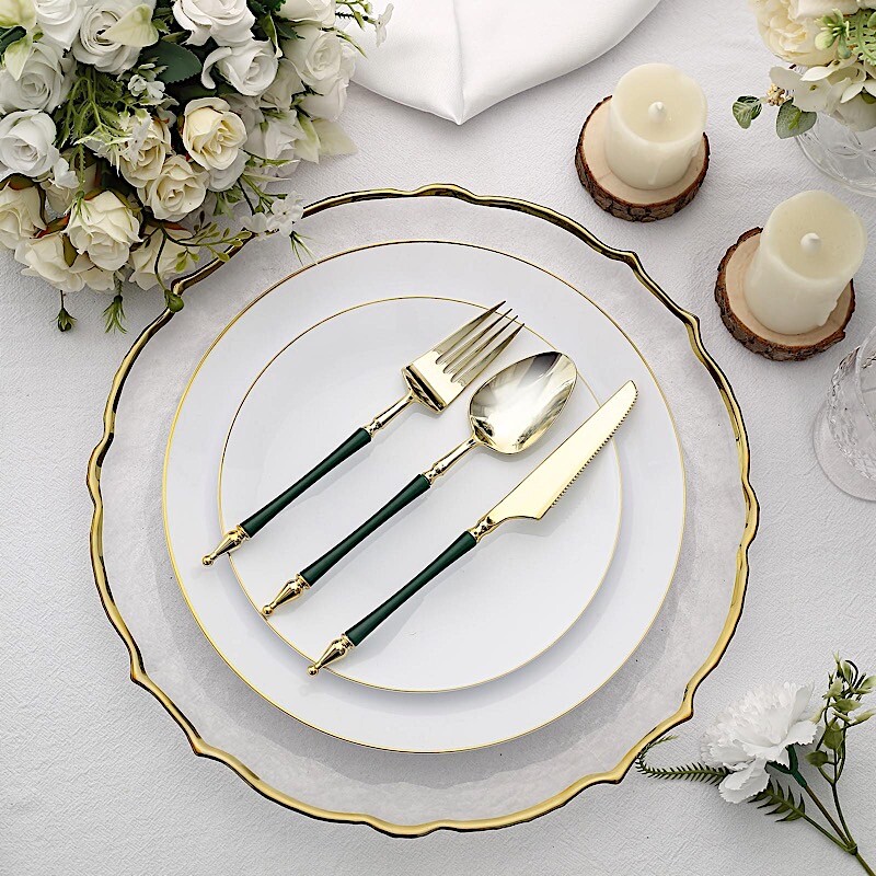 24 GOLD HUNTER GREEN Plastic CUTLERY Roman Column Handle Spoon Fork Knife Set