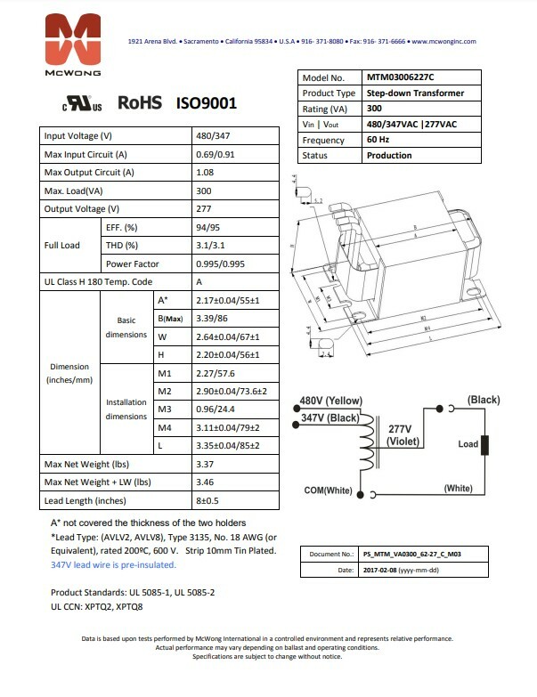 347/480V to 277V Step Down Transformer 30VA