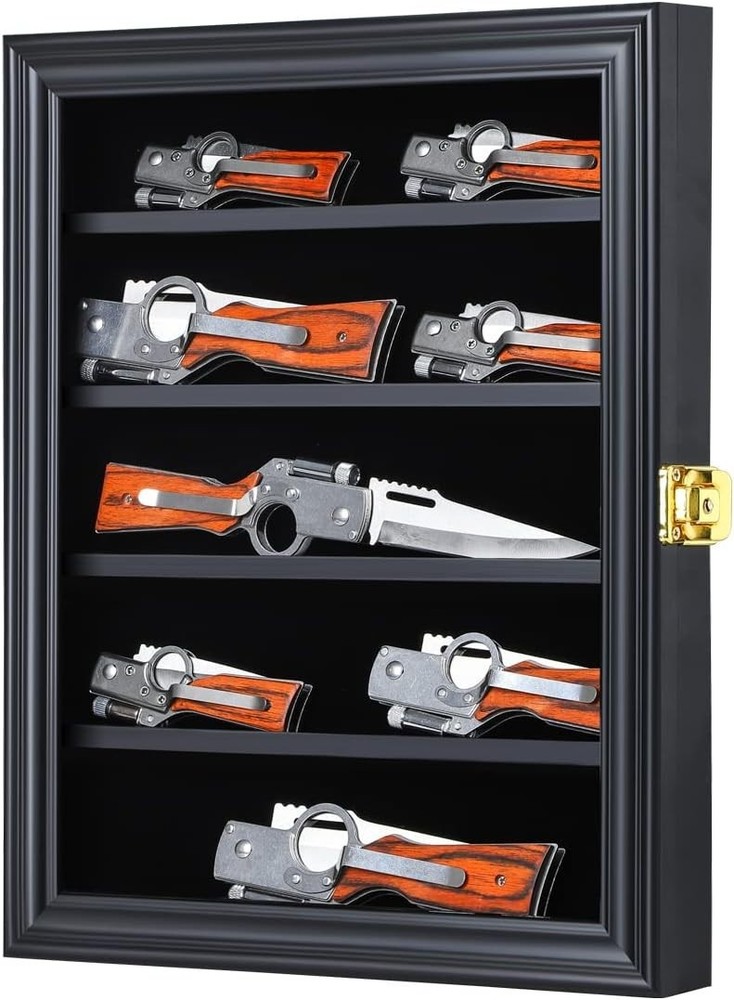 Knife Display Case Lockable Shadow Box Cabinet Wall Mount Pocket Knife Storage