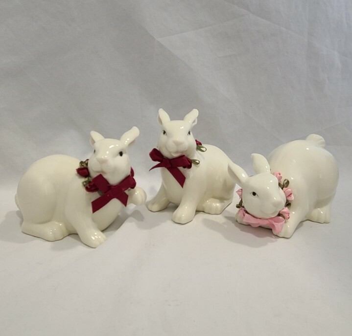 Easter Bunnies Bunny Rabbit White Ceramic Porcelain Figurines Tabletop Decor