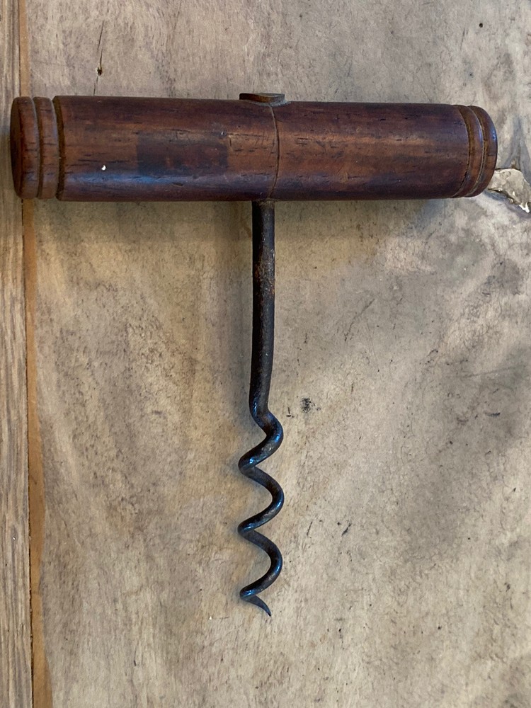 Antique Early Wood Handle Direct Pull Corkscrew Brass Grommet Top Simple