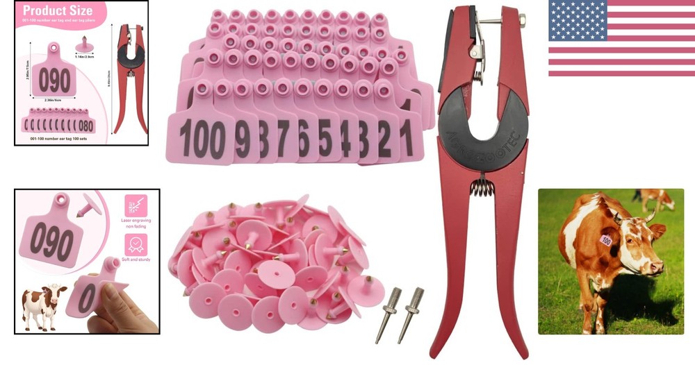 Round Cattle Ear Tags 001-100 with Applicator - Pink Tagging Solution