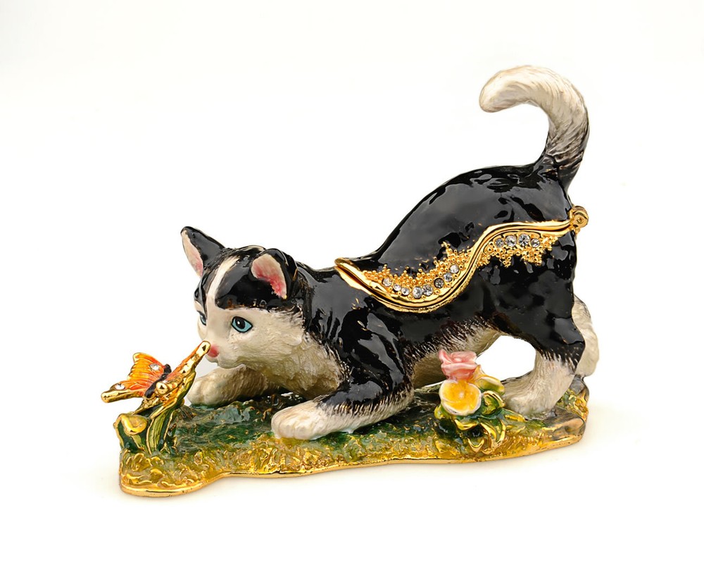 Hidden Treasures Cat Playing with Butterfly Trinket Box