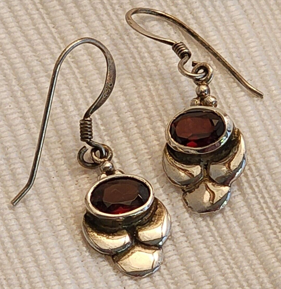 Silver with Red Stone French Wire Earrings with Maker's Mark