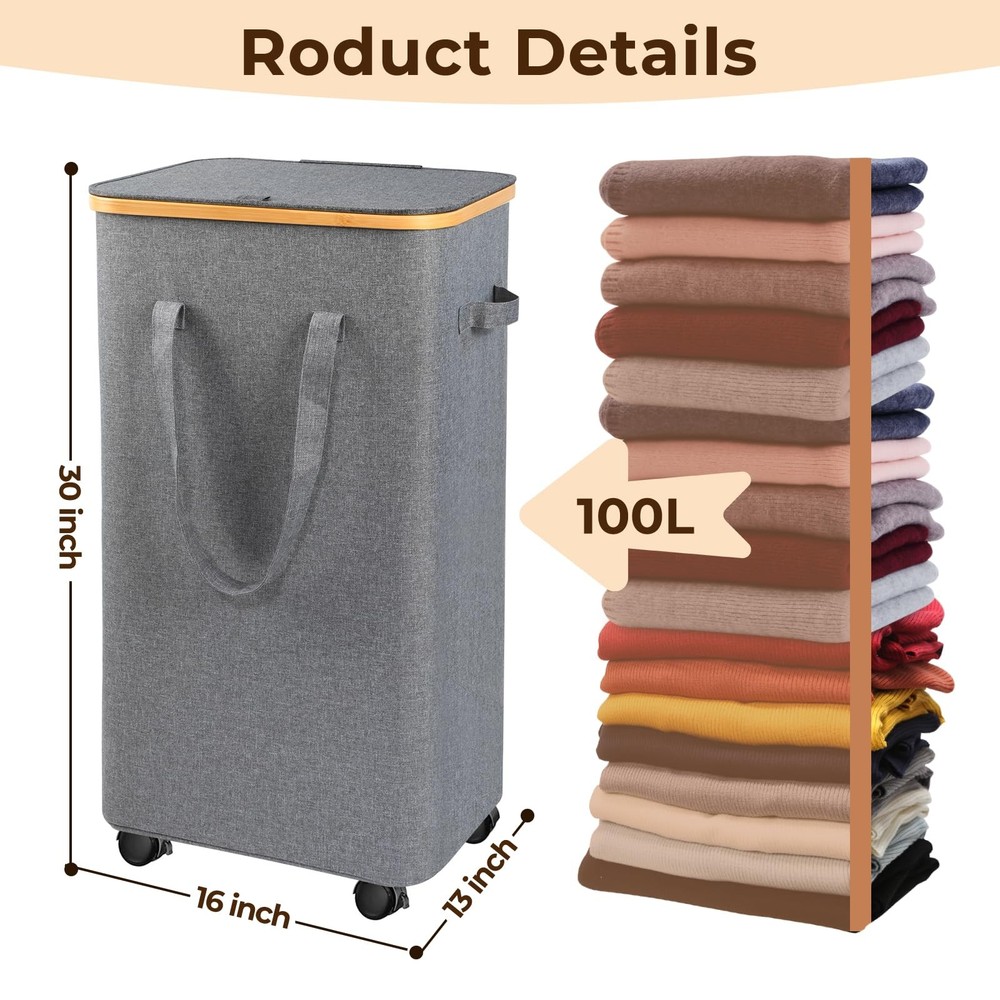 Large Laundry Hamper, 100L Laundry Basket with Handle and Removable Bag - Col...