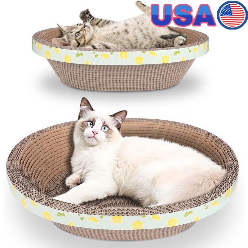 Cozy Oval Cat Bed W/ Slanted Support & Durable Scratching Pad Indoor Use