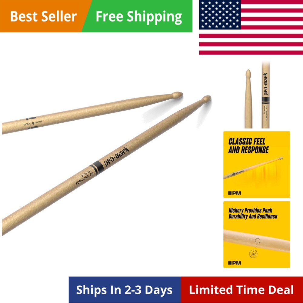 Hickory 5A Wood Tip Drumsticks, One Pair