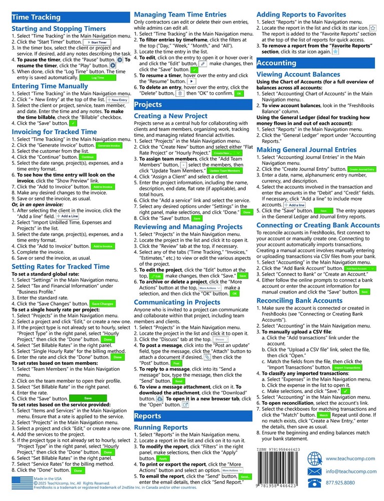 FreshBooks Accounting Training Guide Quick Reference Card 4 Page Cheat Sheet