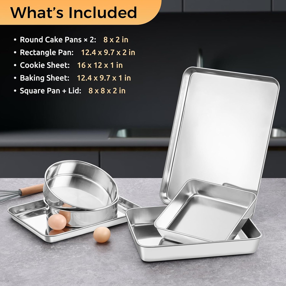 E-Far Stainless Steel Baking Pan Set, 6-Piece Metal Bakeware Sets Include Cookie