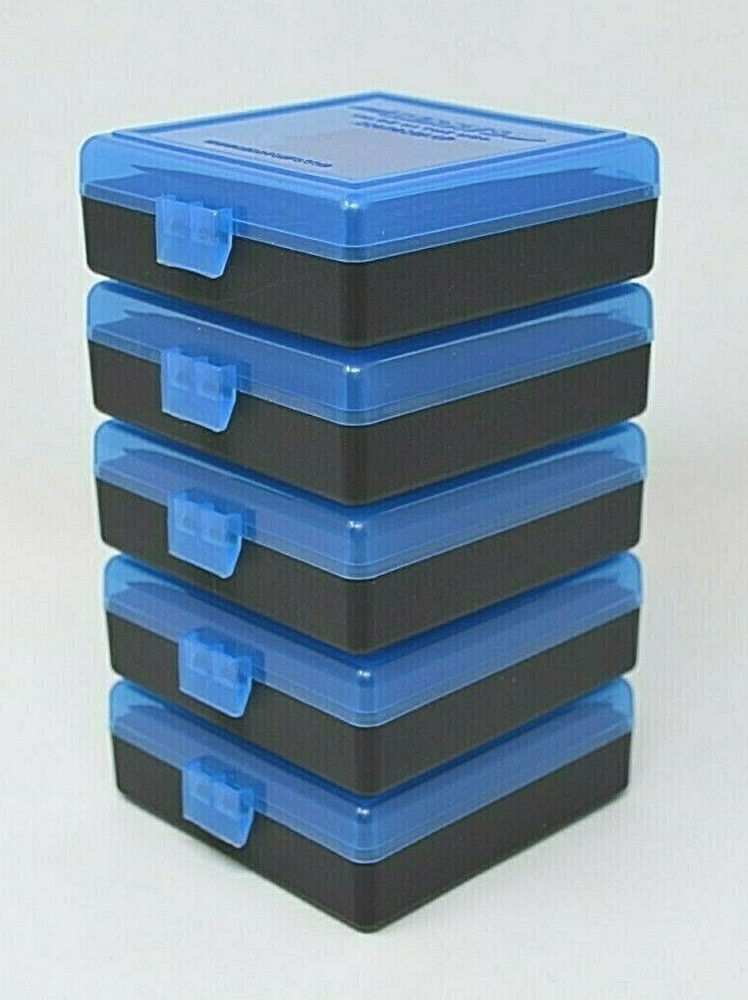 22 lr Ammo Box / Case / Storage (5 PACK) Capacity 100 / BLUE TOP - BLACK BOTTOM