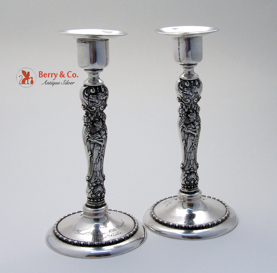 Figural Candlesticks Pair Wallace Sterling Silver 1890 Inscribed
