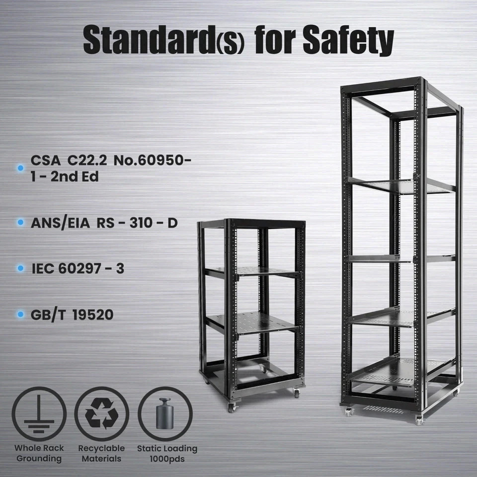 15U 4 Post Open Frame 19" Server Steel Rack 24" Deep With Supporting rails