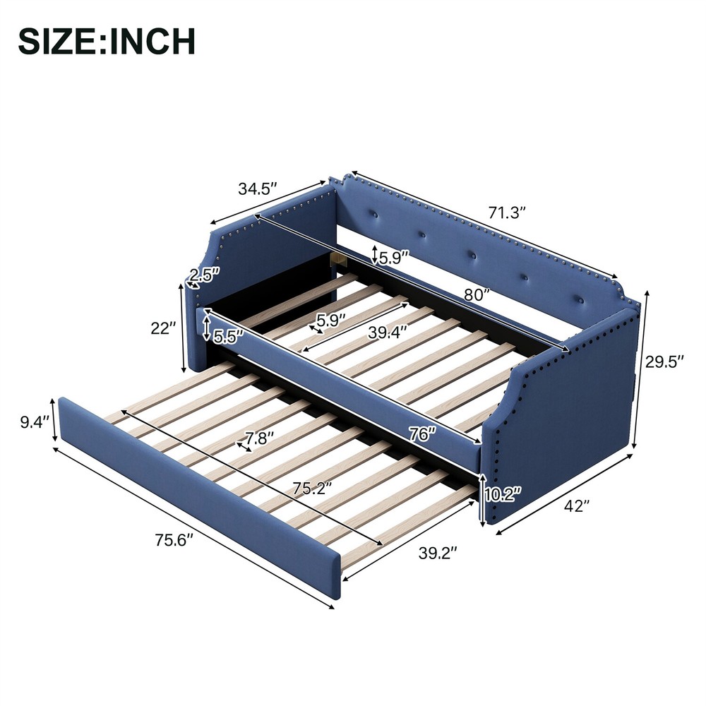Twin Size Daybed w/ Pull-Out Trundle Bed Upholstered Bed Frame Sofa Bed Blue