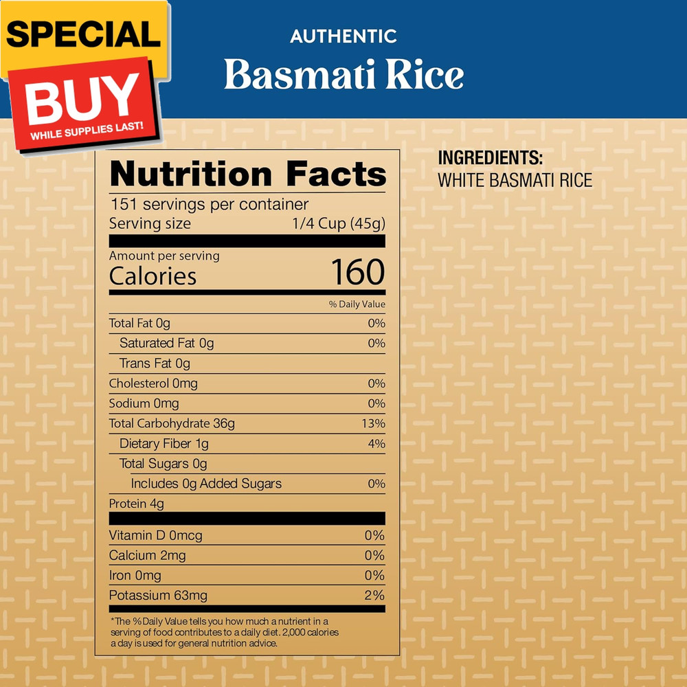 Authentic - Naturally Aged Long Grain Indian White Basmati Rice - 15 lbs