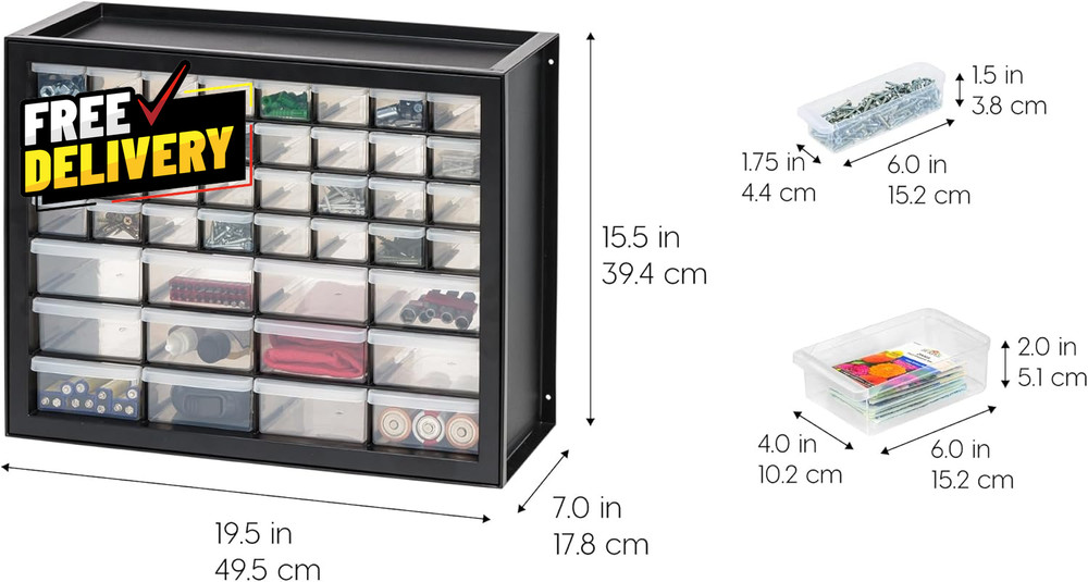 44 Drawer Small Parts Storage Cabinet Screw Tool Organizer Stackable Black…