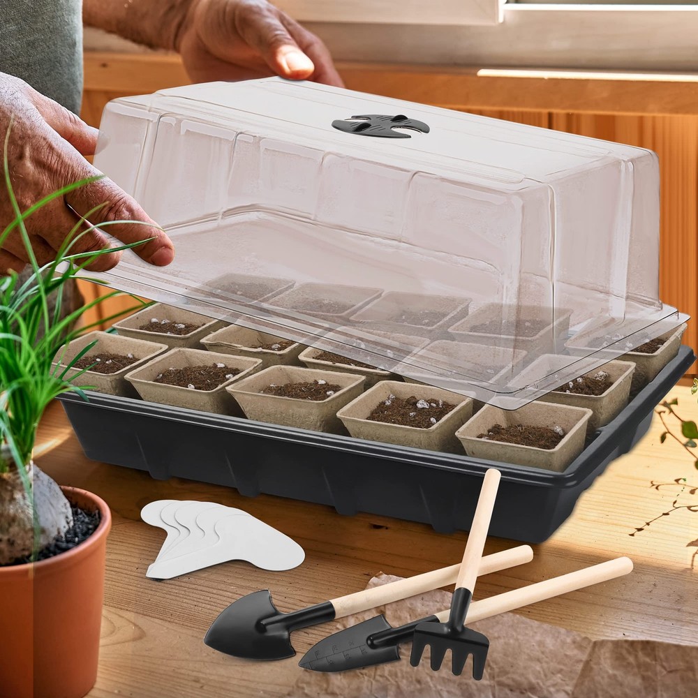 4 Pack Seed Starter Tray Kit, 120 Square Seed Peat Pots for Seedlings with Pl...