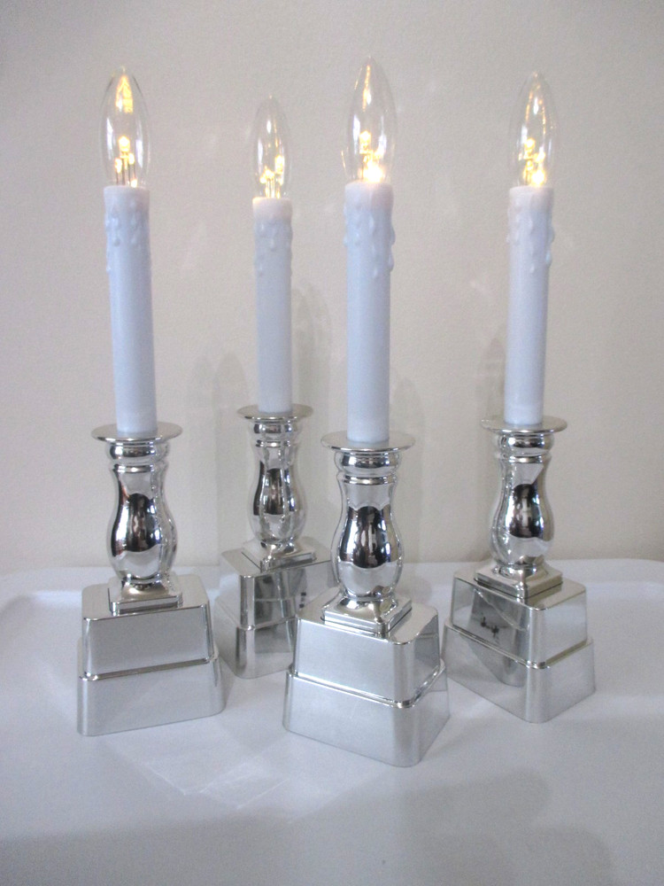 4 Bethlehem Lights Cordless Window Candles Silver Shiny (On/Off/Time/Sensor EUC