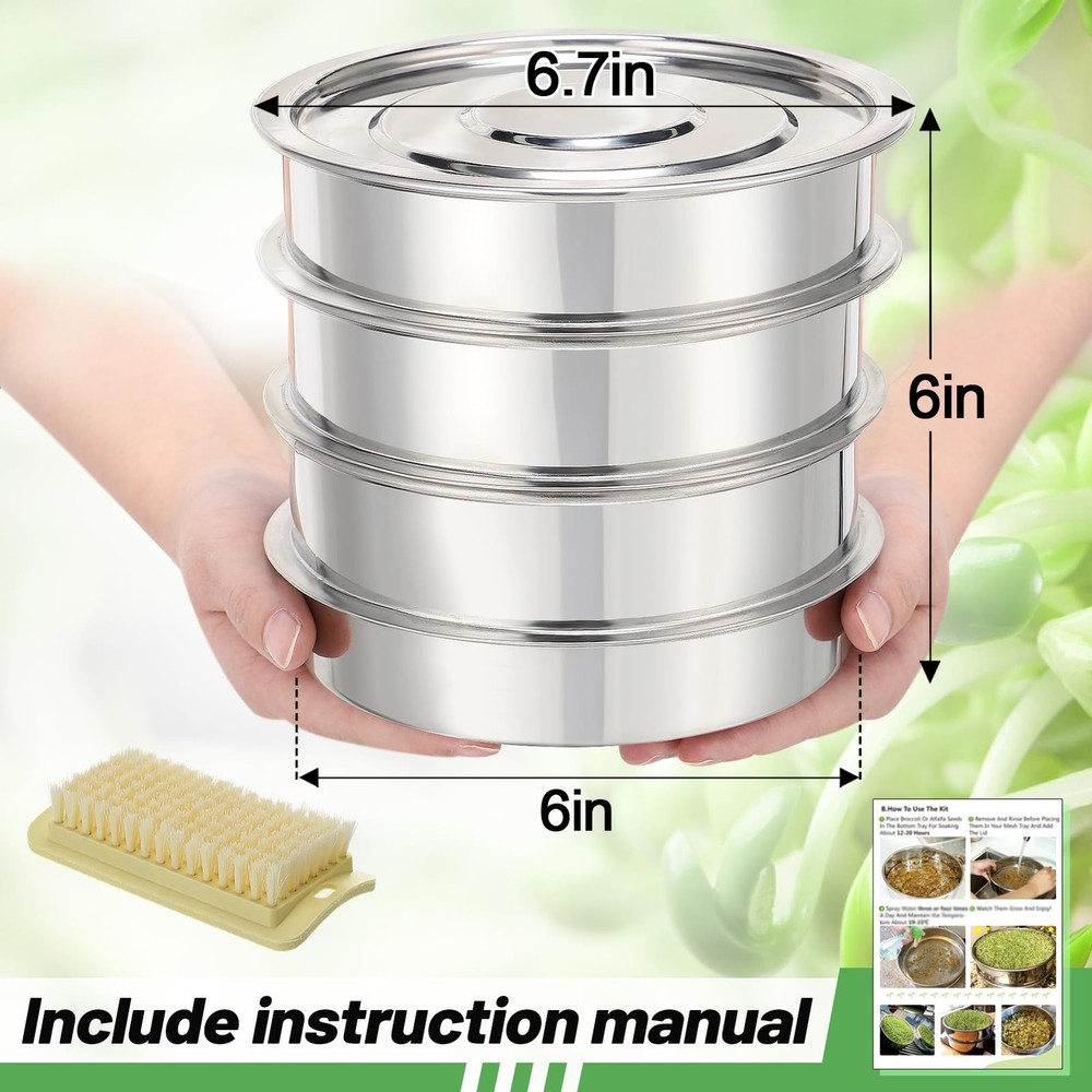 Stainless Steel 4 Tier Seed Sprouting Kit 6" Stackable Microgreens Tray