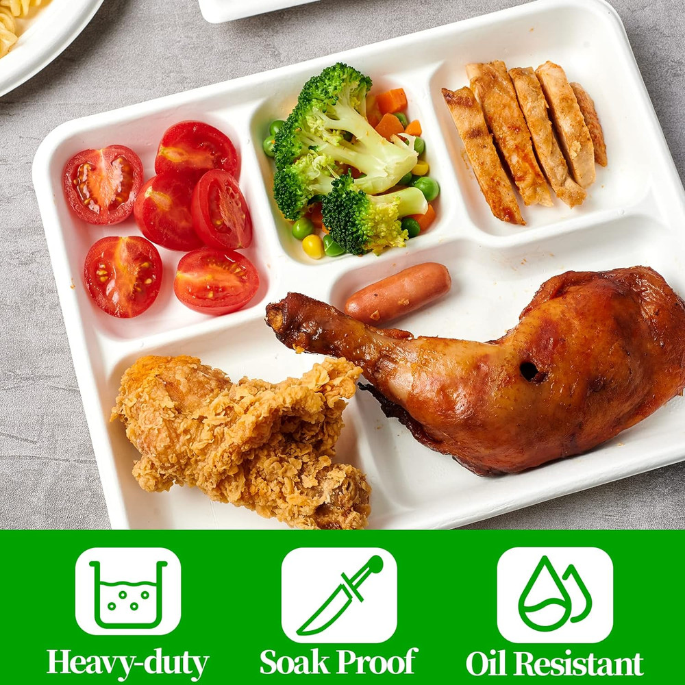 100% Compostable 5 Compartment Plates, 125 Pack Disposable Paper Plates, Heavy-D