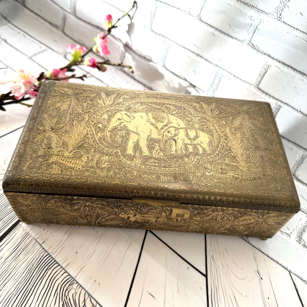 HAND TOOLED ENGRAVED SOLID BRASS STASH BOX CHEST ELEPHANT OX LION ELK HUNTER