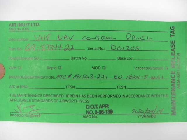 VHF / Nav Module Control Panel - PN: 69-37344-22 - With Maintenance Release