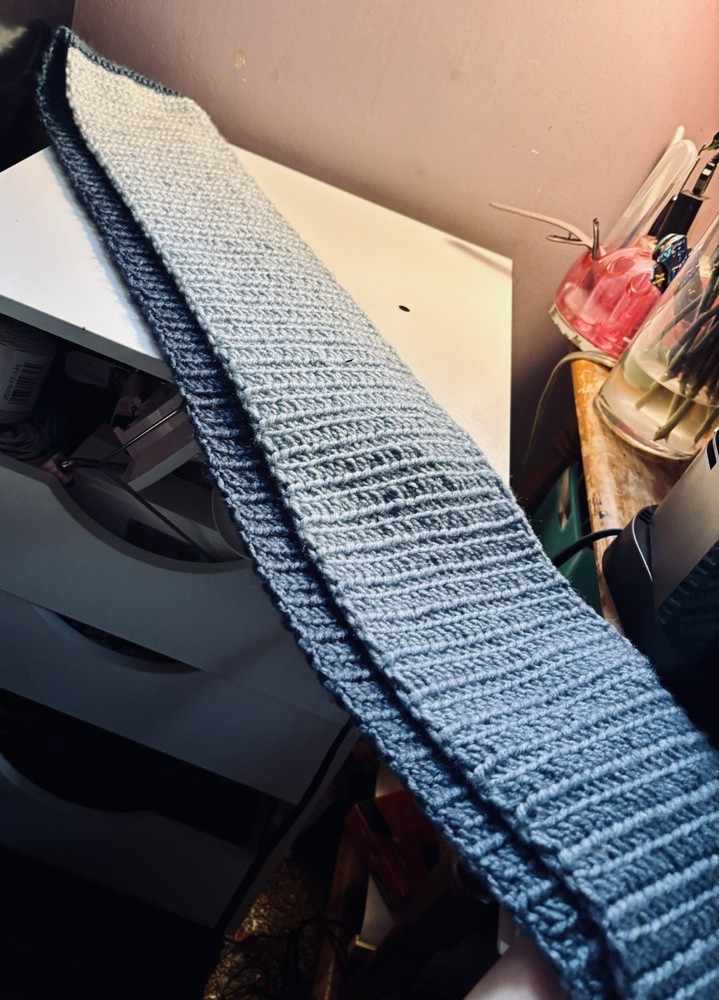 Handmade Crocheted Scarf, Blue & Gray completely connected style!