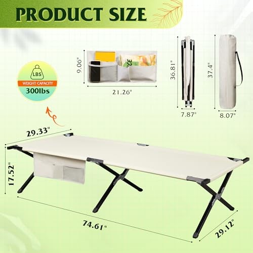 Military Camping Cot, Portable Folding Cots for Sleeping with Silver Greige