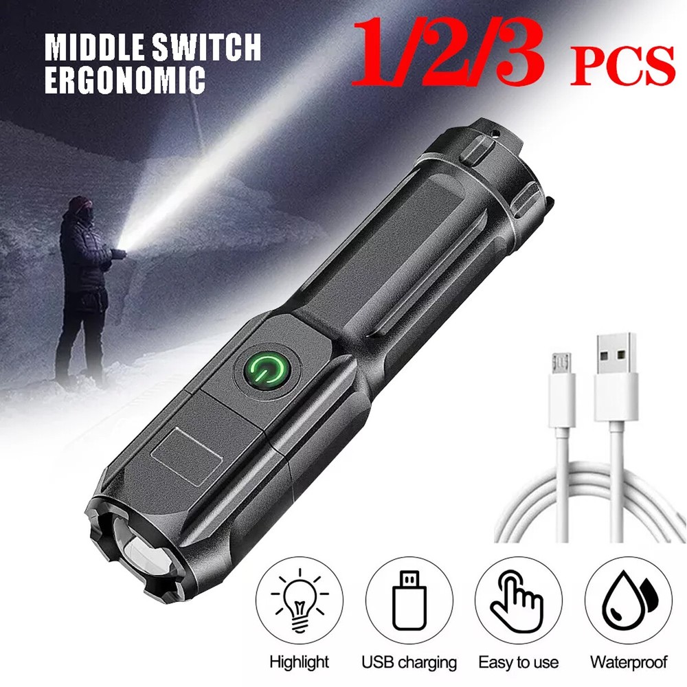 1-3 Pack Rechargeable LED Flashlight Tactical Super Bright Torch Zoomable
