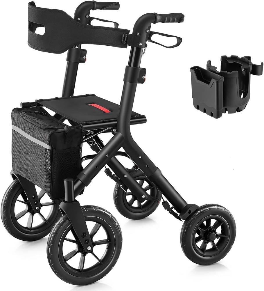 12" Rubber Wheels All-Terrain Rollator Walker w/Seat Backrest Folding Adjustable
