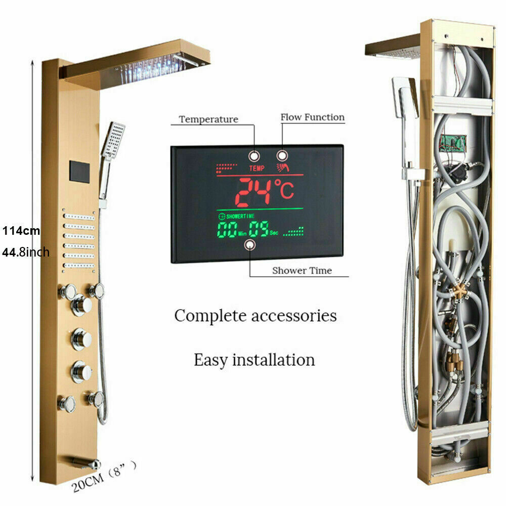 LED Shower Panel Tower System Rain&Waterfall Massage Jet Spraye Brushed Gold