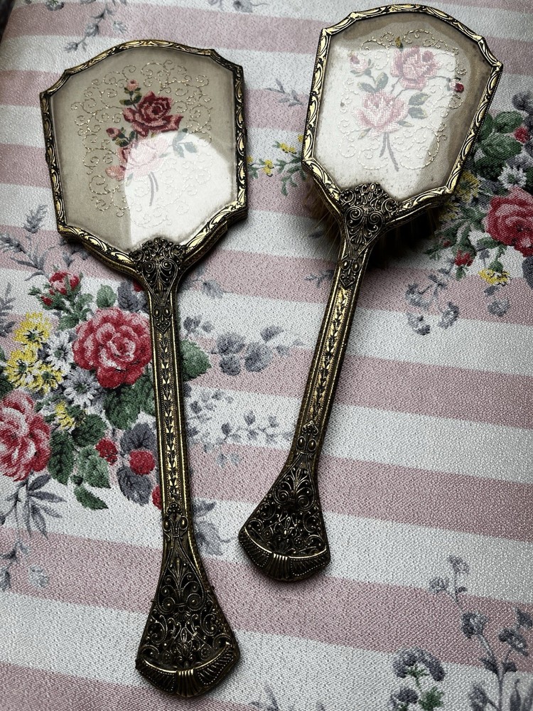 Vintage Embroidered Scroll Work Hand Held Vanity Mirror & Brush Set Gold Tone