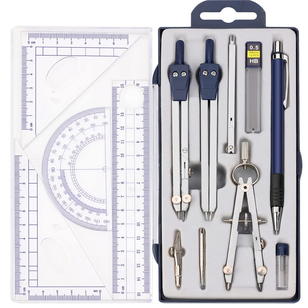 13 Pieces Geometry Set Compass Geometry Tools Math Compass and Protractors Se...