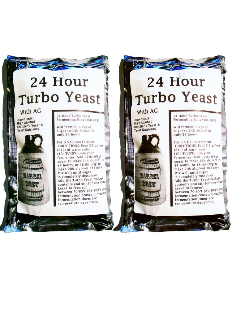 2 Packs 24 Hour Turbo Yeast w/ AG - Moonshine Alcohol Whiskey Rum Vodka 6.5 gal
