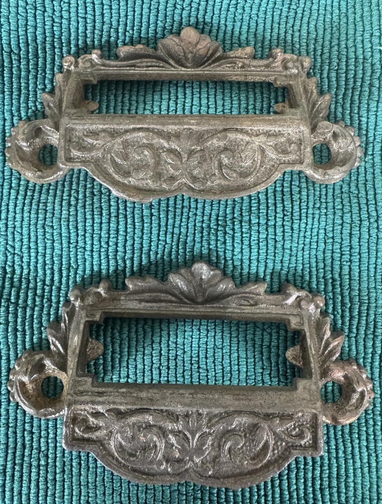 Antique Victorian Cast Iron Apothecary Drawer Bin Pull / Handle Label Vintage 10