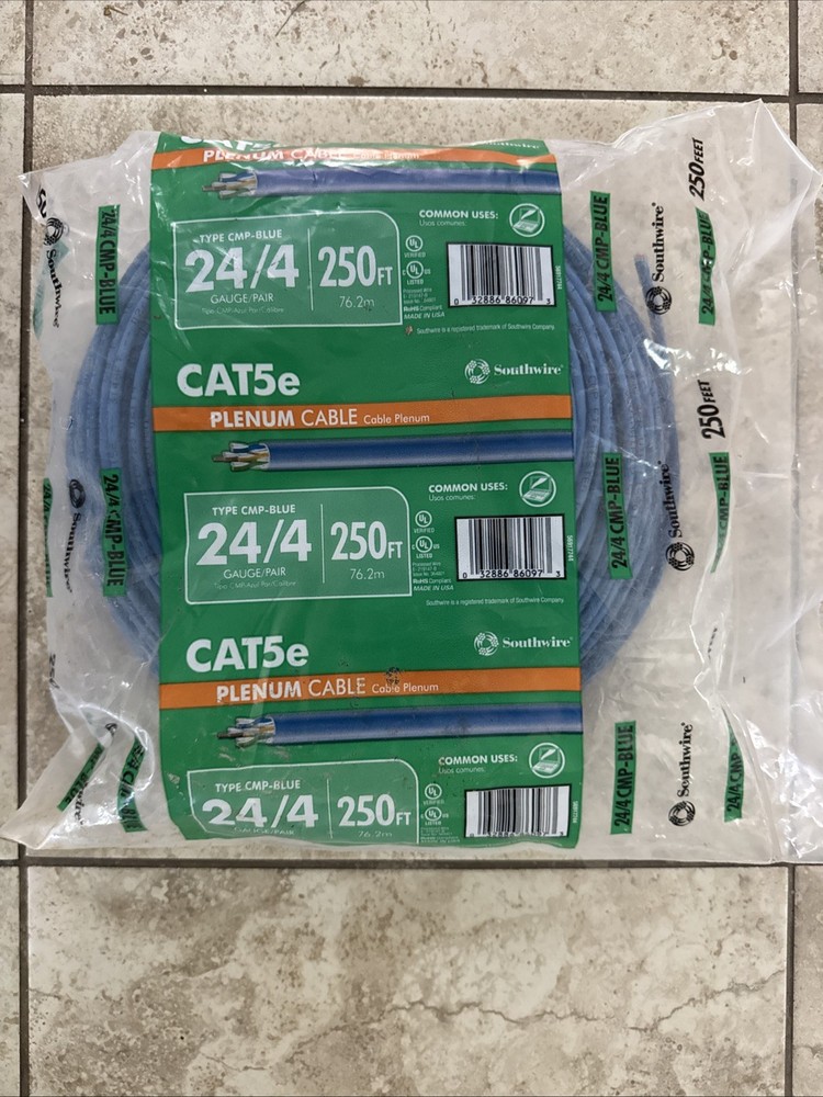 Southwire CAT5E CMP Blue 24/4 250ft Plenum Cable