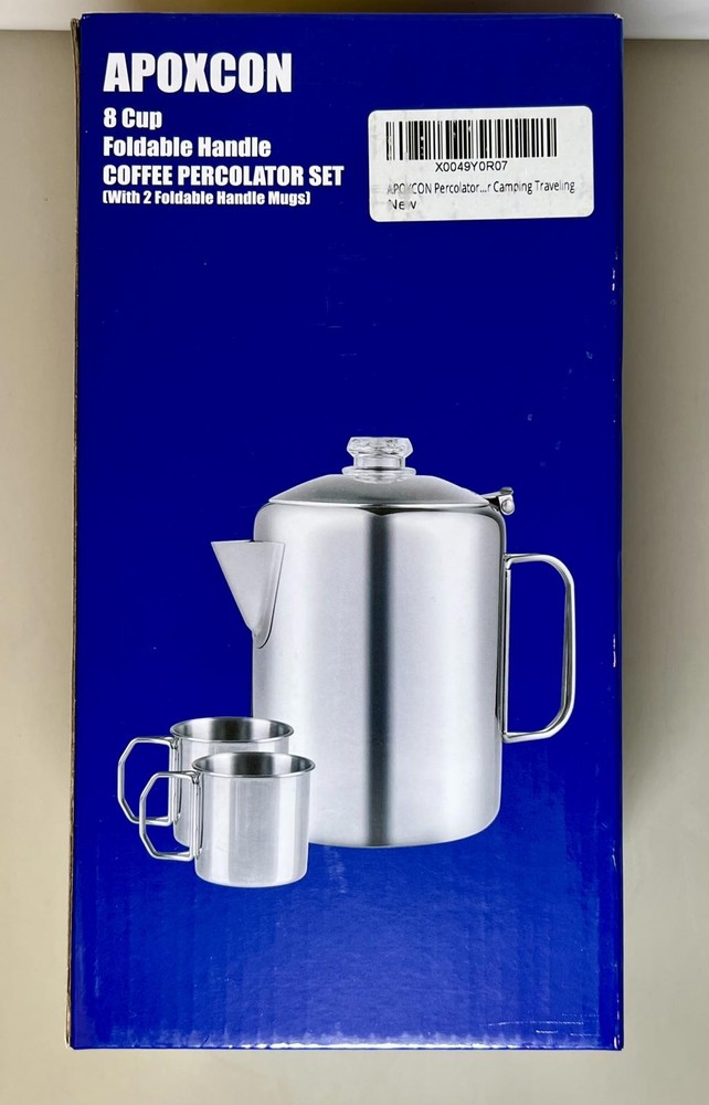 Coffee Percolator Set - 8 Cup Foldable Handle w/ 2 Foldable Handle Mugs