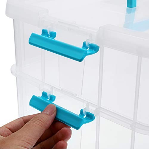 2-Tiers Stack Carry Storage Box With Handle, Transparent Stackable Blue